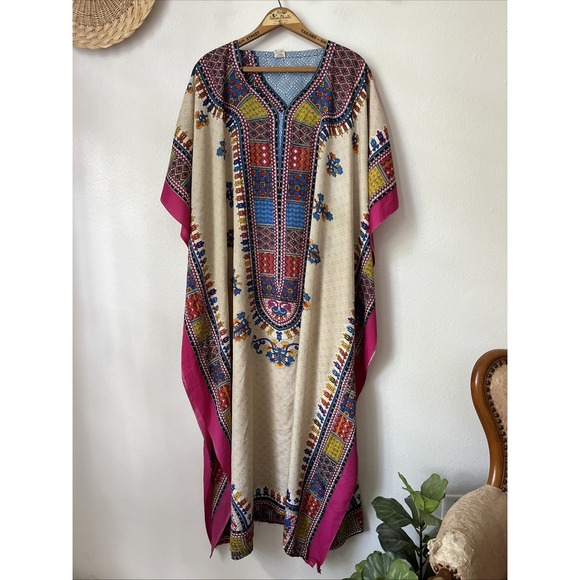Ace Fashion‎ colorful kaftan pink tan blue floral studded beach coverup OS - Picture 1 of 6